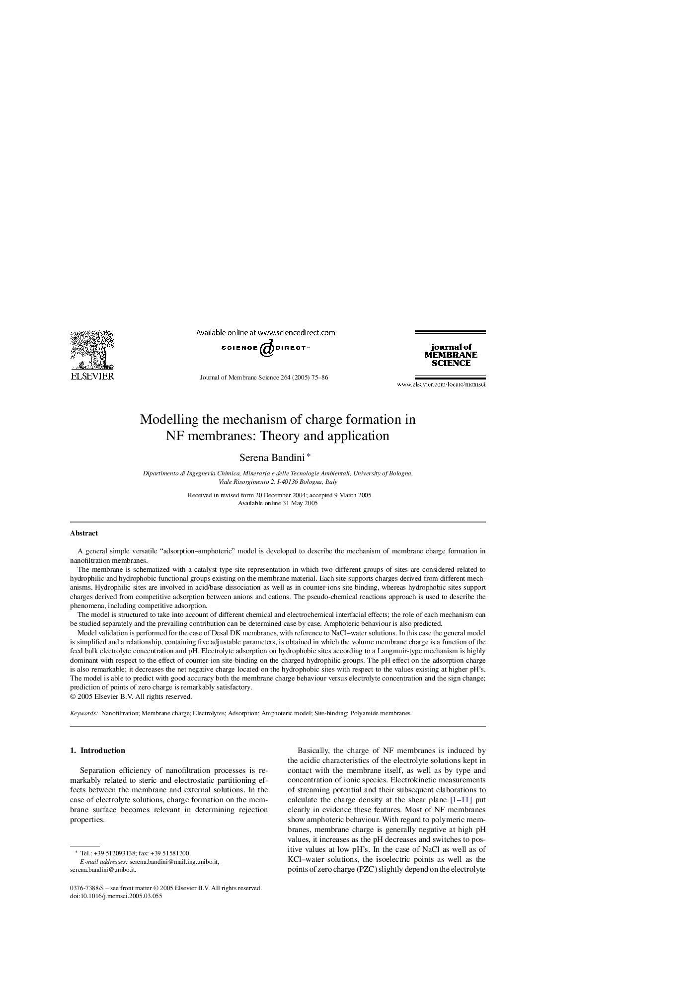 Modelling the mechanism of charge formation in NF membranes: Theory and application