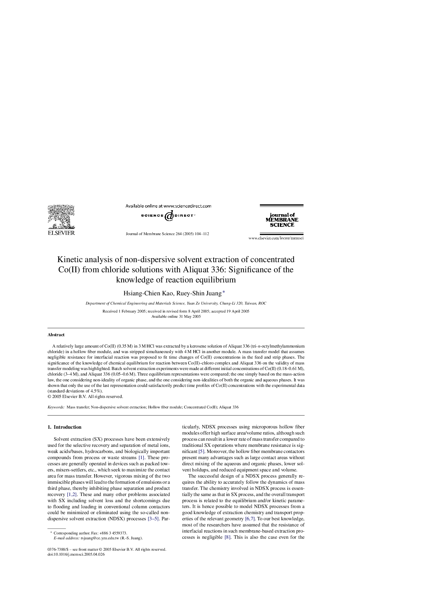 Kinetic analysis of non-dispersive solvent extraction of concentrated Co(II) from chloride solutions with Aliquat 336: Significance of the knowledge of reaction equilibrium