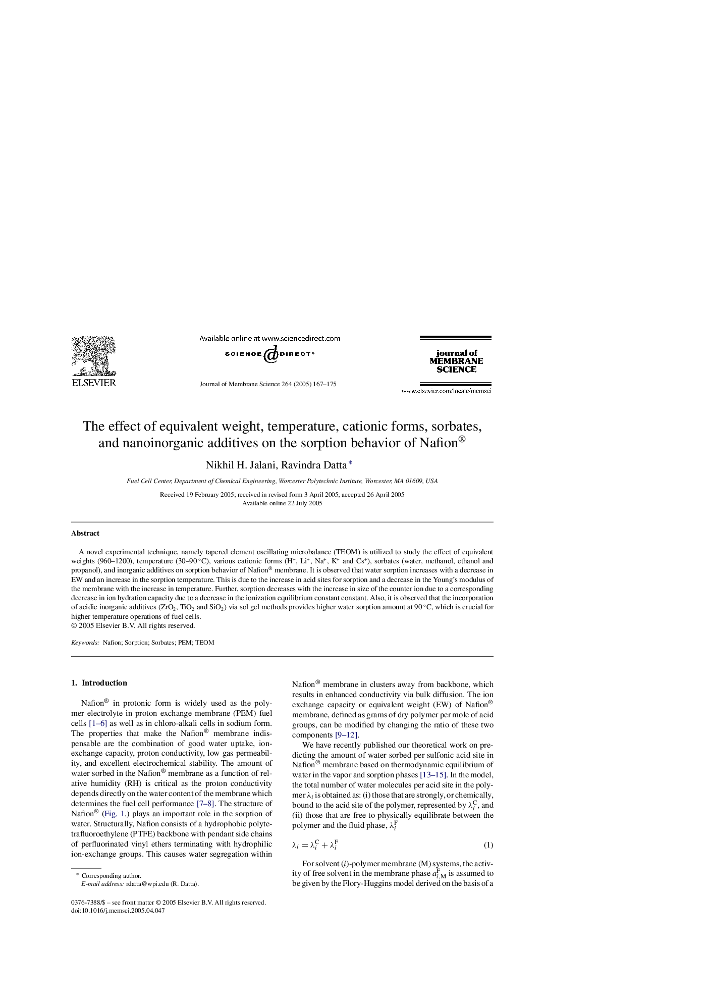 The effect of equivalent weight, temperature, cationic forms, sorbates, and nanoinorganic additives on the sorption behavior of Nafion®