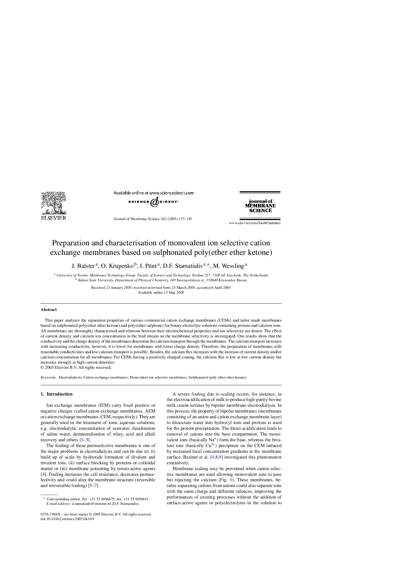 Preparation and characterisation of monovalent ion selective cation exchange membranes based on sulphonated poly(ether ether ketone)