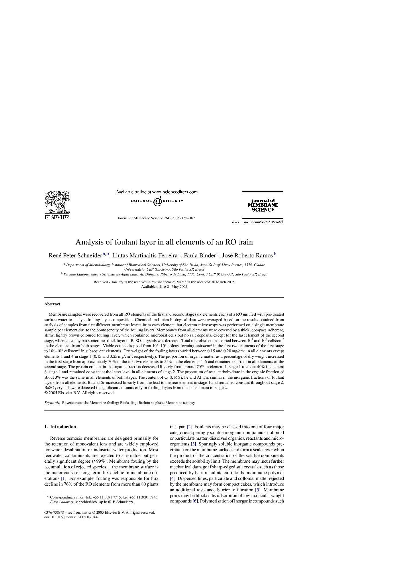 Analysis of foulant layer in all elements of an RO train