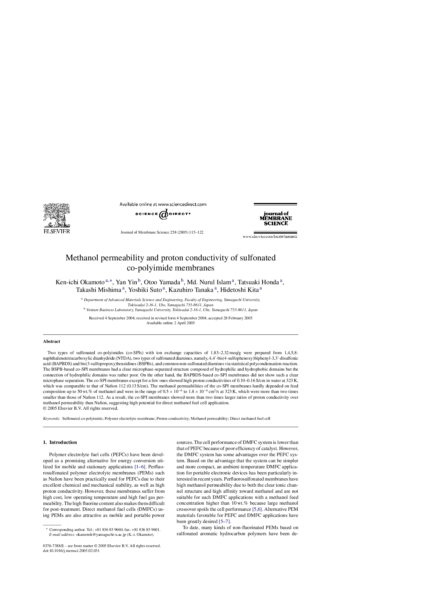 Methanol permeability and proton conductivity of sulfonated co-polyimide membranes