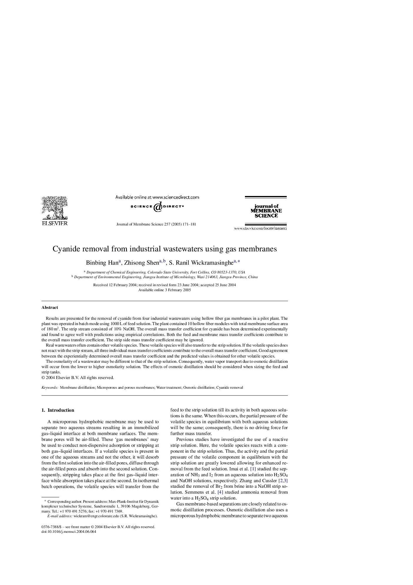 Cyanide removal from industrial wastewaters using gas membranes