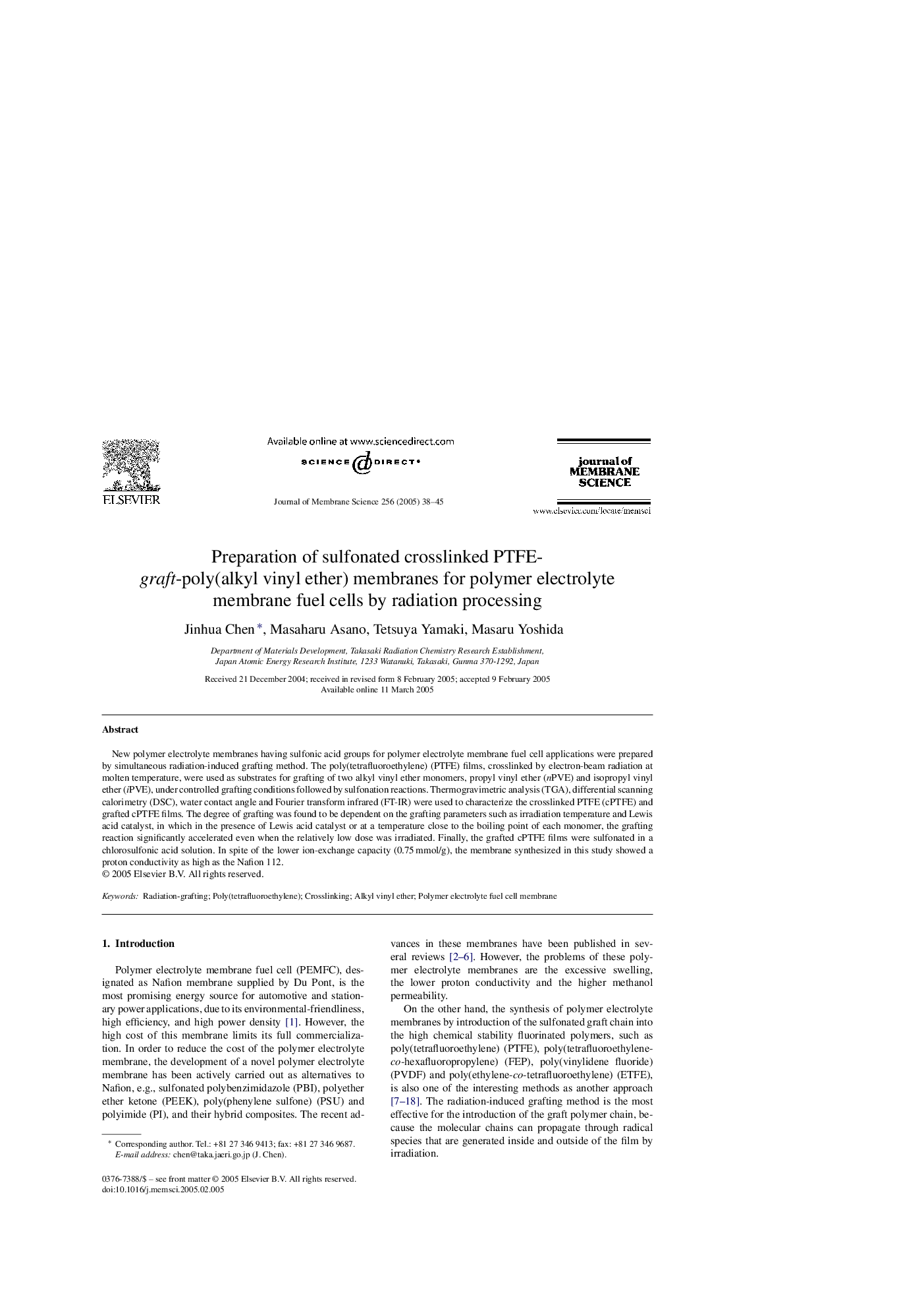 Preparation of sulfonated crosslinked PTFE-graft-poly(alkyl vinyl ether) membranes for polymer electrolyte membrane fuel cells by radiation processing