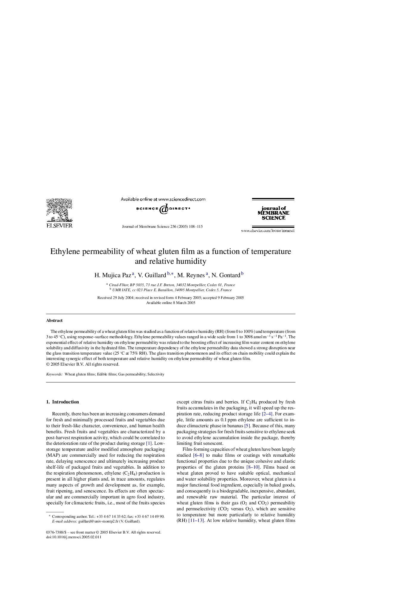 Ethylene permeability of wheat gluten film as a function of temperature and relative humidity