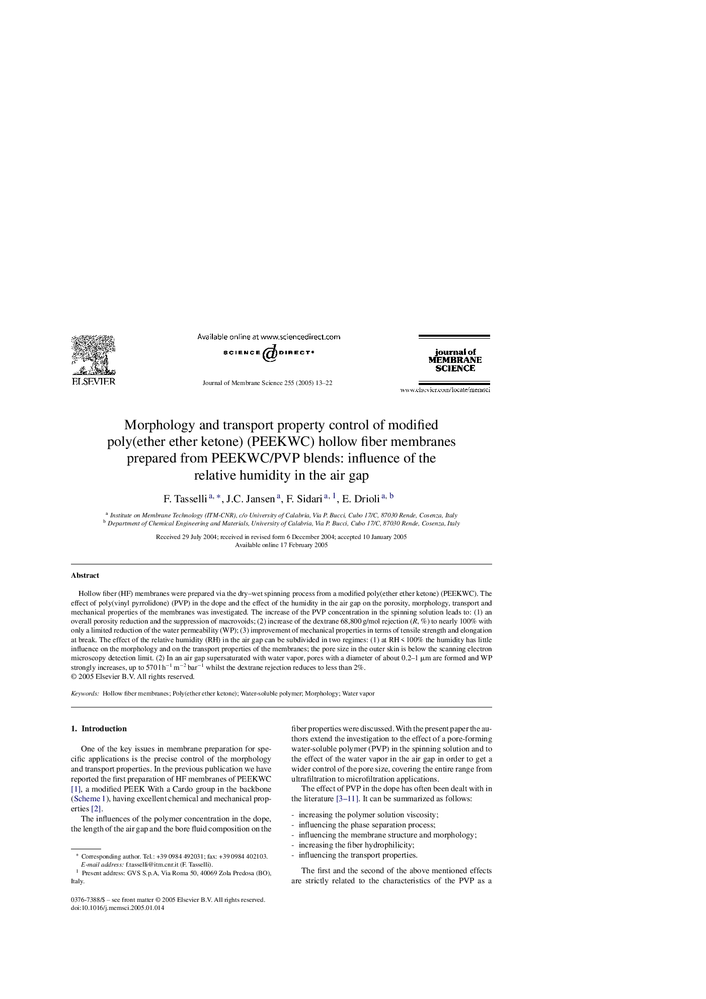 Morphology and transport property control of modified poly(ether ether ketone) (PEEKWC) hollow fiber membranes prepared from PEEKWC/PVP blends: influence of the relative humidity in the air gap