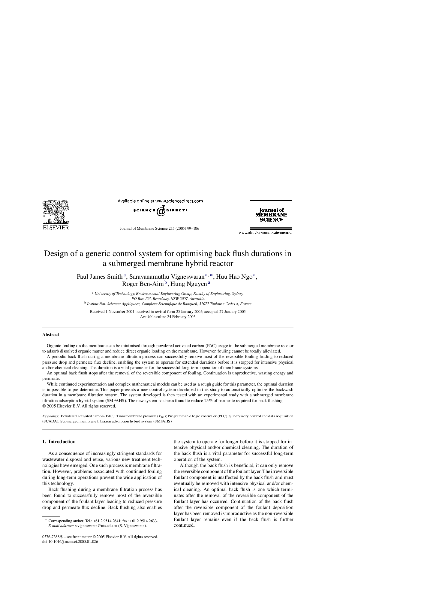 عکس صفحه اول مقاله: Design of a generic control system for optimising back flush durations in a submerged membrane hybrid reactor Design of a generic control system for optimising back flush durations in a submerged membrane hybrid reactor