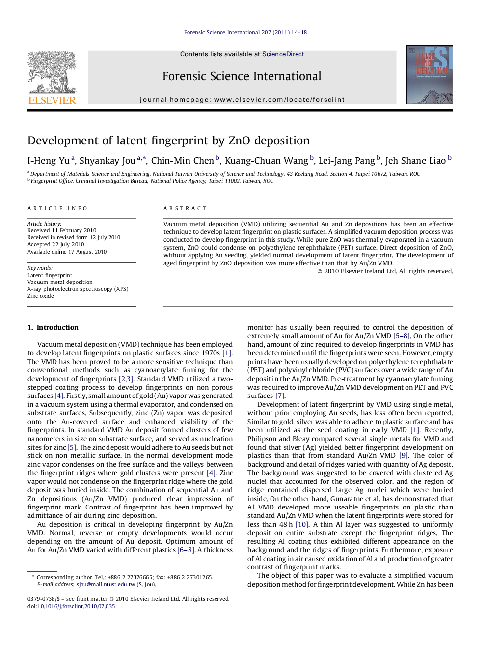 Development of latent fingerprint by ZnO deposition