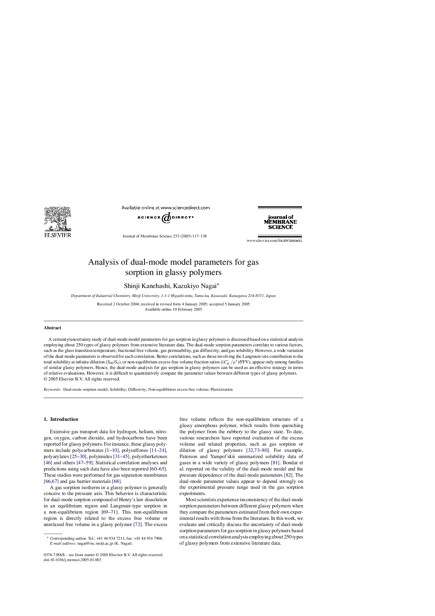 Analysis of dual-mode model parameters for gas sorption in glassy polymers