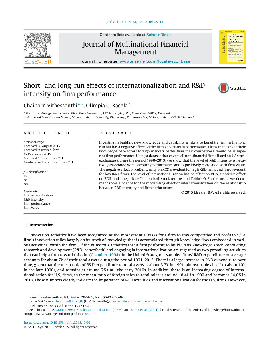 Short- and long-run effects of internationalization and R&D intensity on firm performance