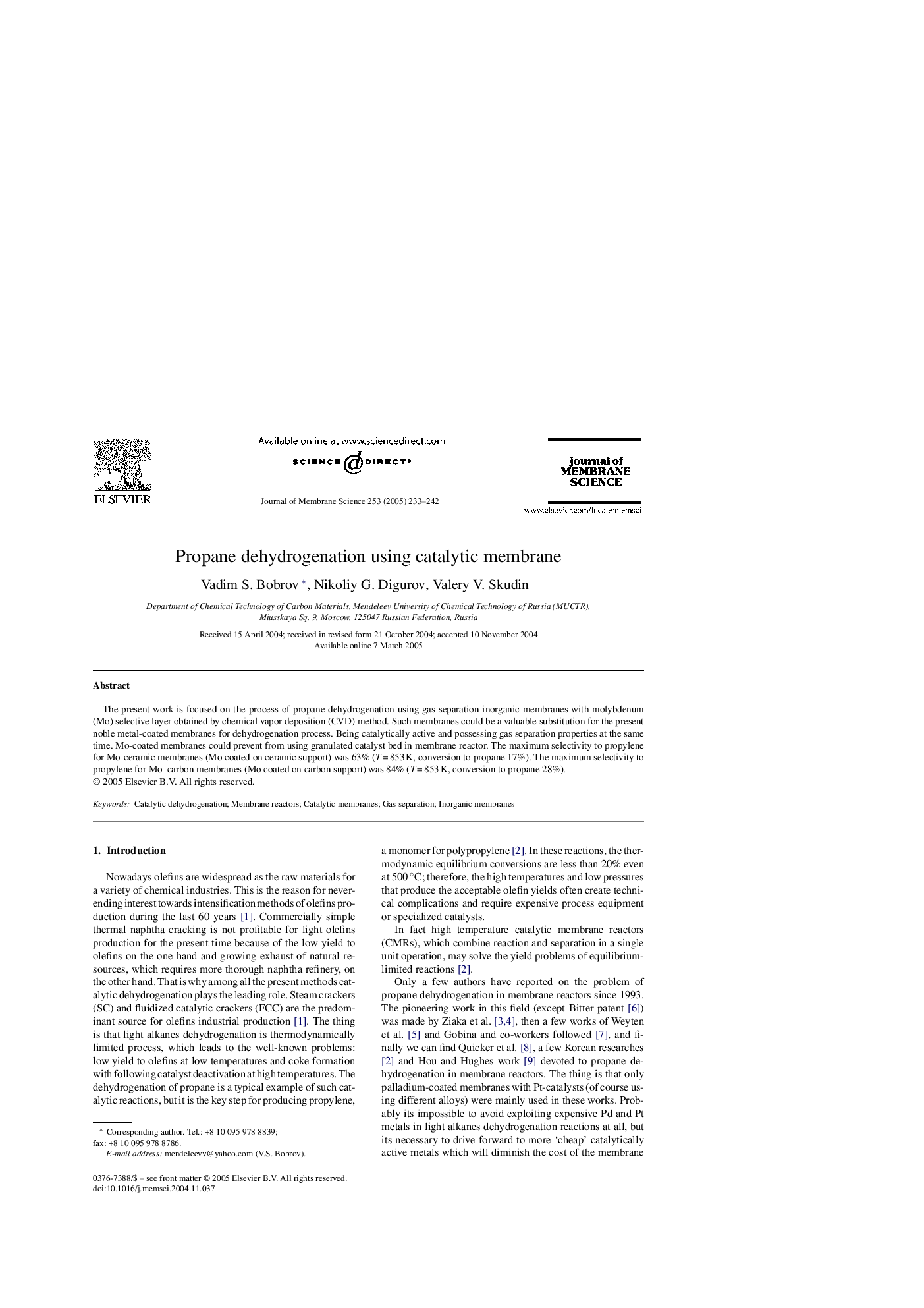 Propane dehydrogenation using catalytic membrane