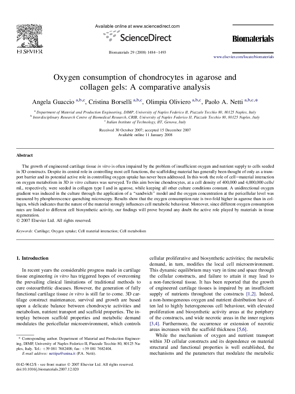 Oxygen consumption of chondrocytes in agarose and collagen gels: A comparative analysis