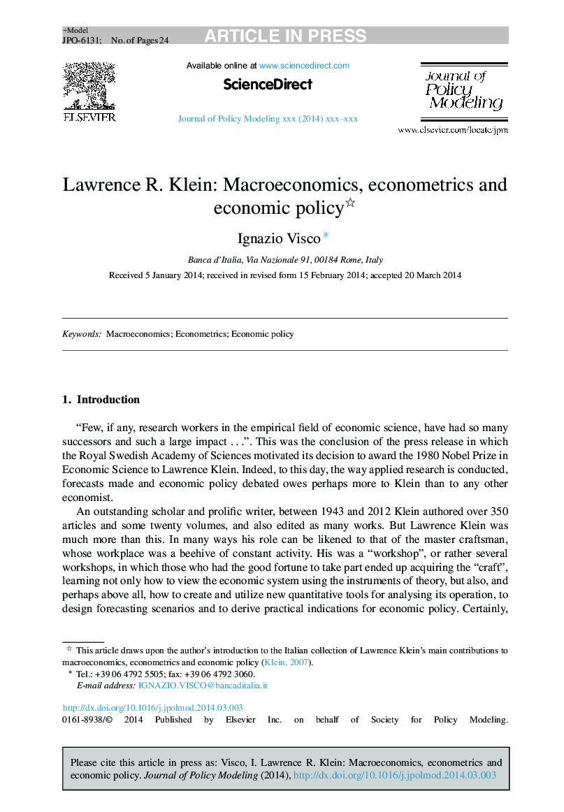 Lawrence R. Klein: Macroeconomics, econometrics and economic policy