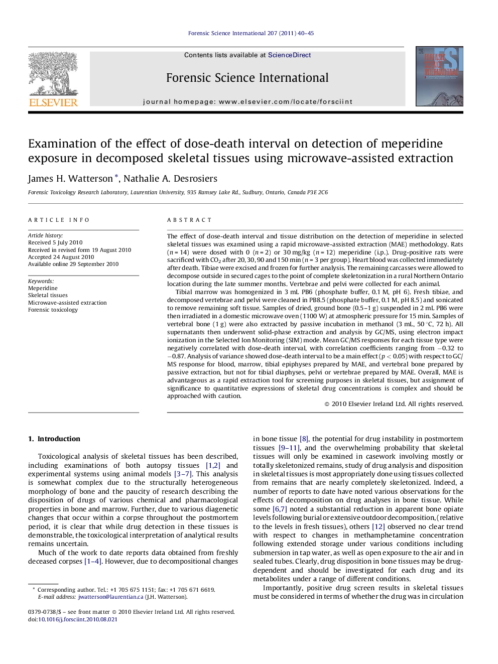 Examination of the effect of dose-death interval on detection of meperidine exposure in decomposed skeletal tissues using microwave-assisted extraction