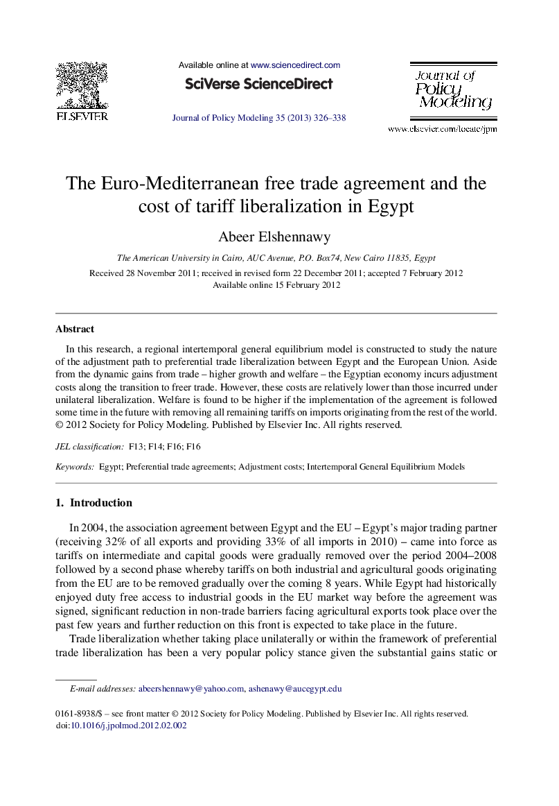 The Euro-Mediterranean free trade agreement and the cost of tariff liberalization in Egypt