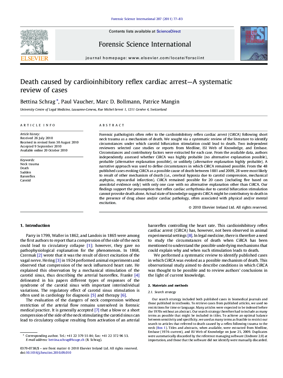 Death caused by cardioinhibitory reflex cardiac arrest—A systematic review of cases