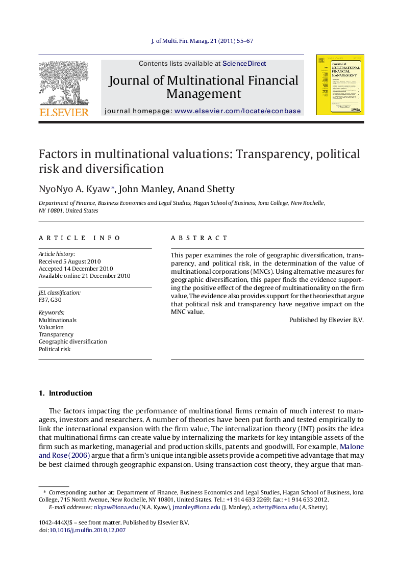 Factors in multinational valuations: Transparency, political risk and diversification