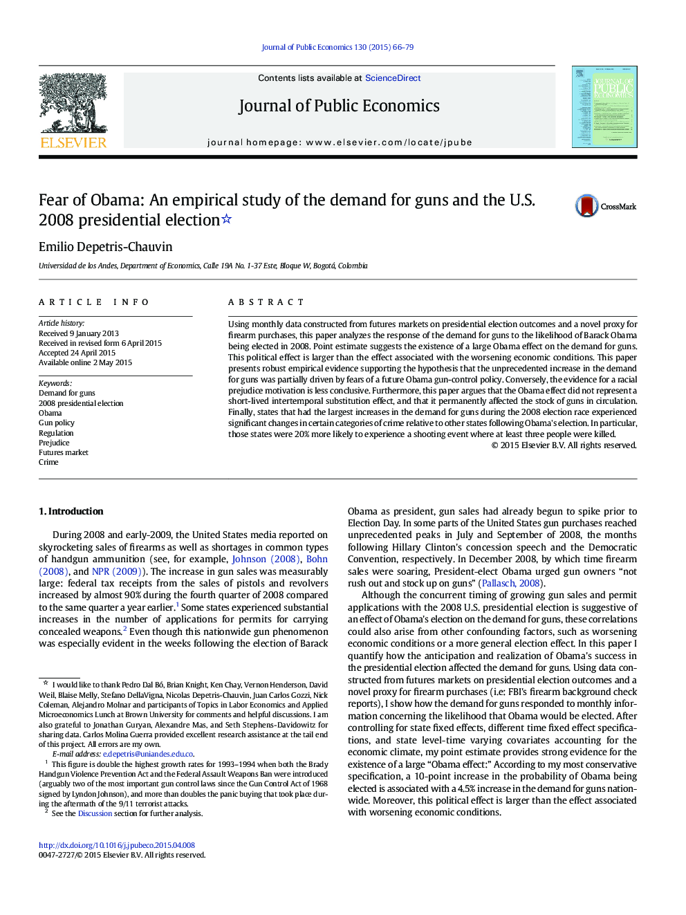 Fear of Obama: An empirical study of the demand for guns and the U.S. 2008 presidential election 