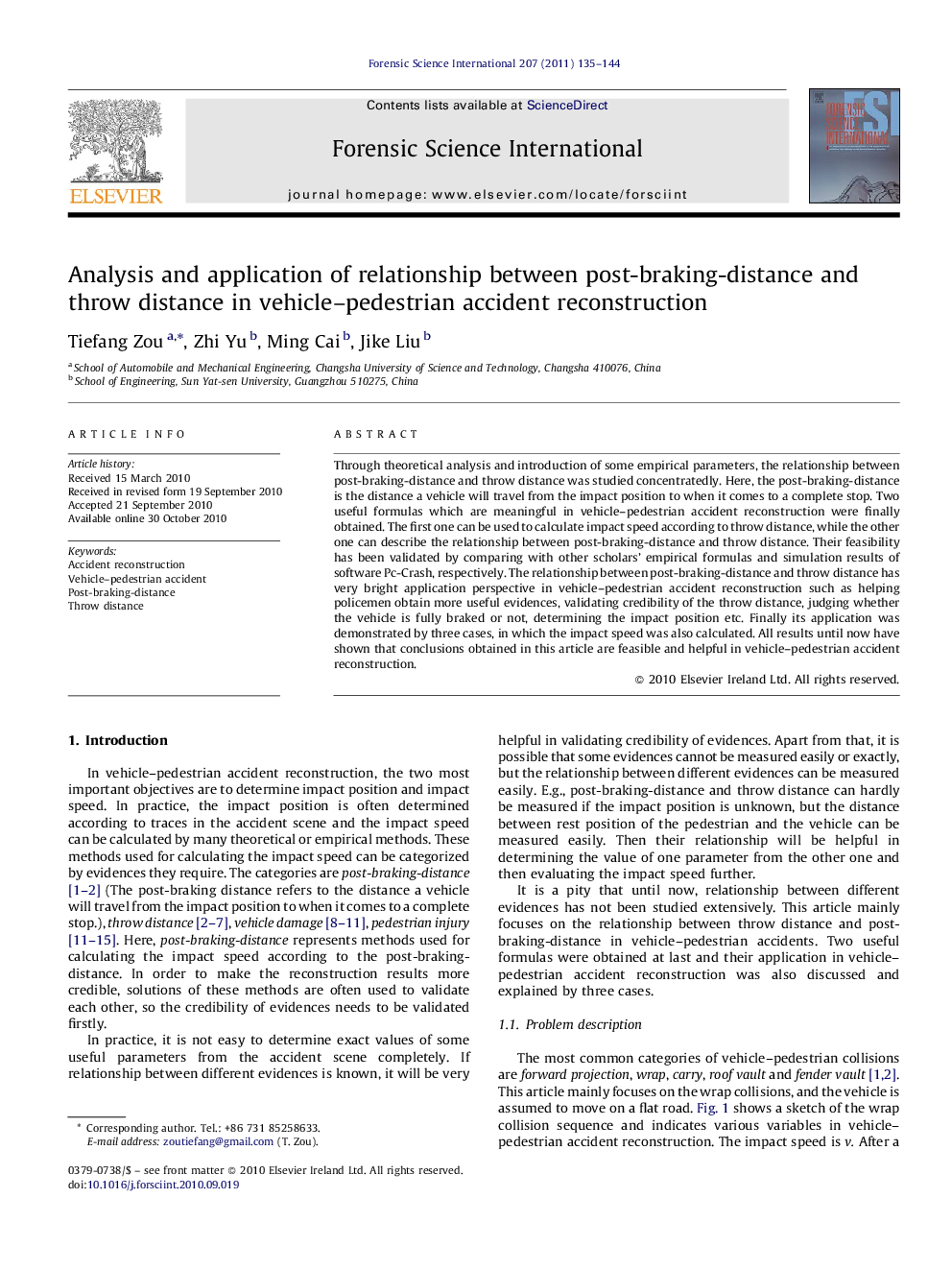 Analysis and application of relationship between post-braking-distance and throw distance in vehicle–pedestrian accident reconstruction