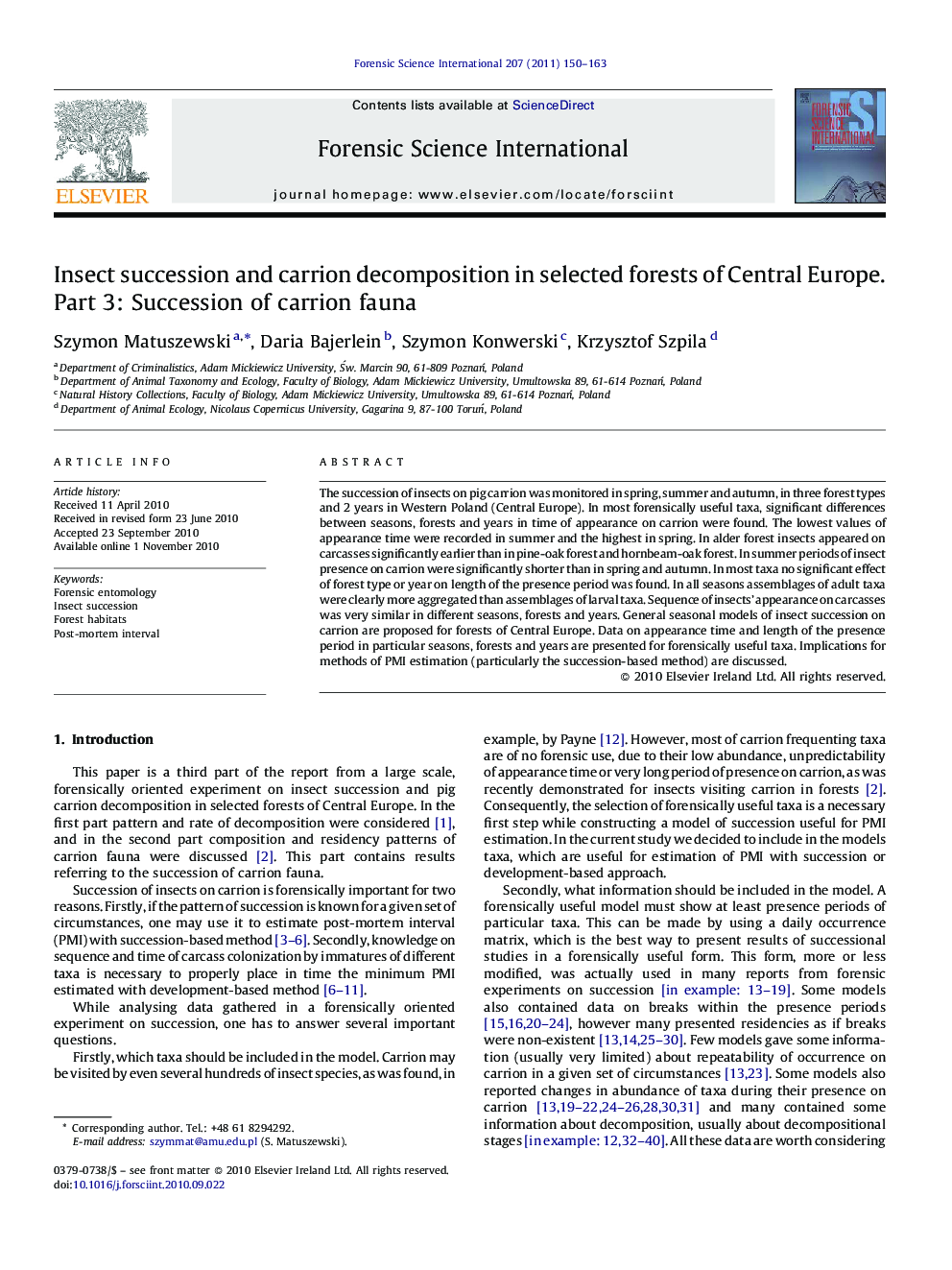 Insect succession and carrion decomposition in selected forests of Central Europe. Part 3: Succession of carrion fauna