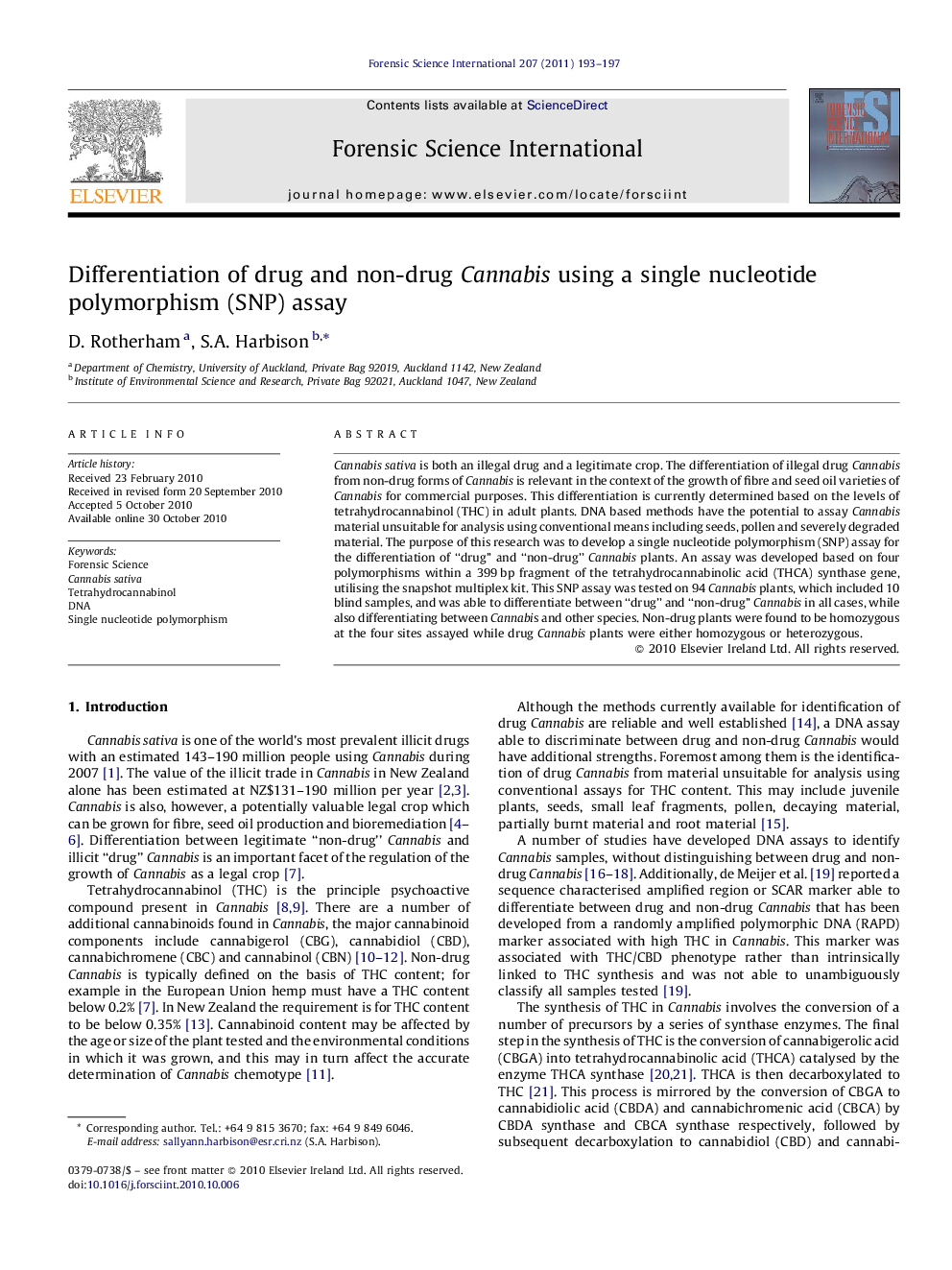 Differentiation of drug and non-drug Cannabis using a single nucleotide polymorphism (SNP) assay