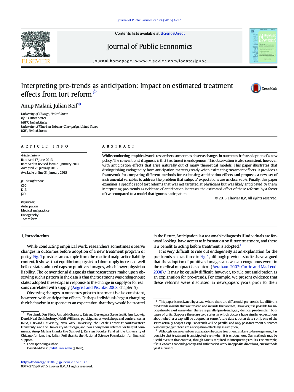 Interpreting pre-trends as anticipation: Impact on estimated treatment effects from tort reform 