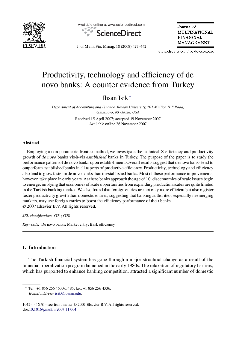 Productivity, technology and efficiency of de novo banks: A counter evidence from Turkey