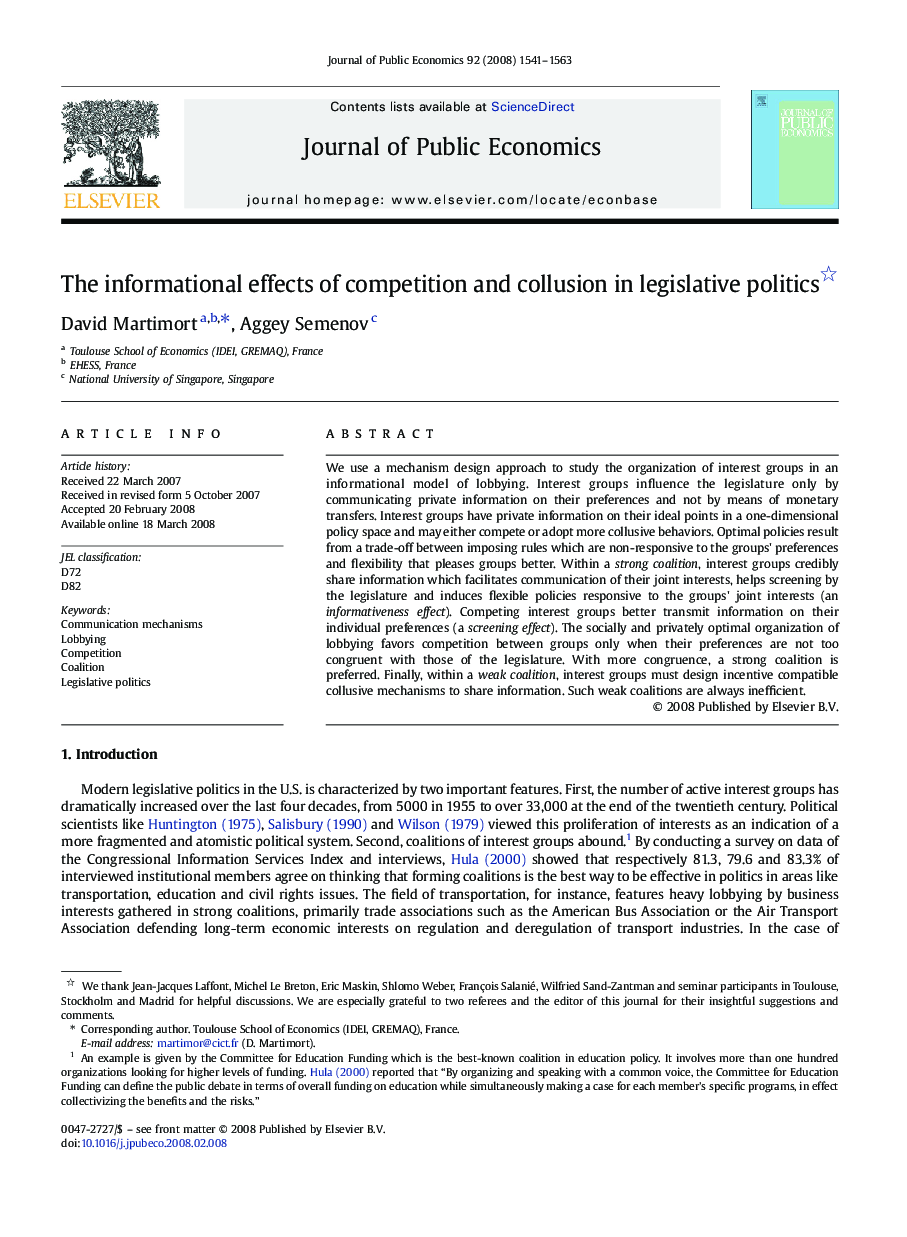 The informational effects of competition and collusion in legislative politics 