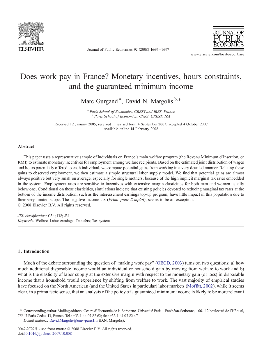 Does work pay in France? Monetary incentives, hours constraints, and the guaranteed minimum income