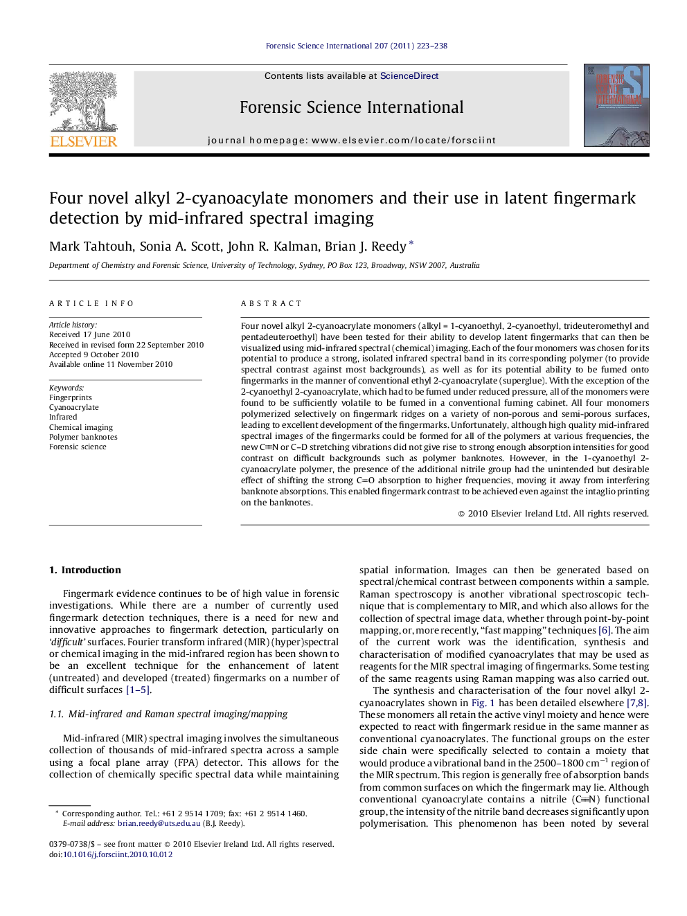 Four novel alkyl 2-cyanoacylate monomers and their use in latent fingermark detection by mid-infrared spectral imaging