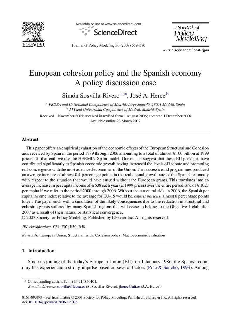 European cohesion policy and the Spanish economy: A policy discussion case