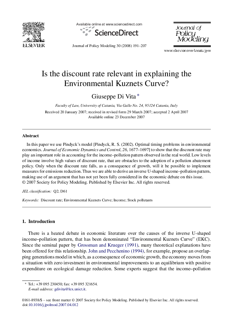 Is the discount rate relevant in explaining the Environmental Kuznets Curve?