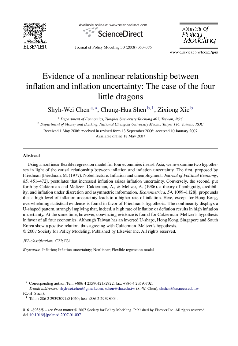 Evidence of a nonlinear relationship between inflation and inflation uncertainty: The case of the four little dragons