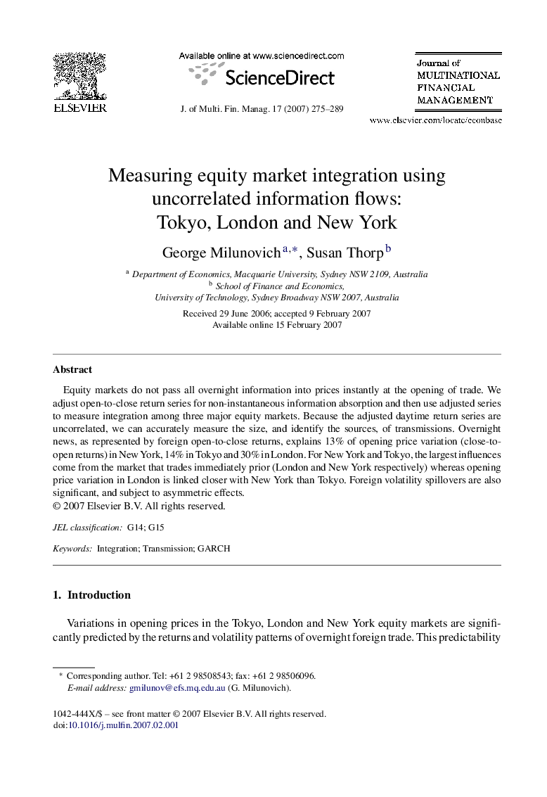 Measuring equity market integration using uncorrelated information flows: Tokyo, London and New York