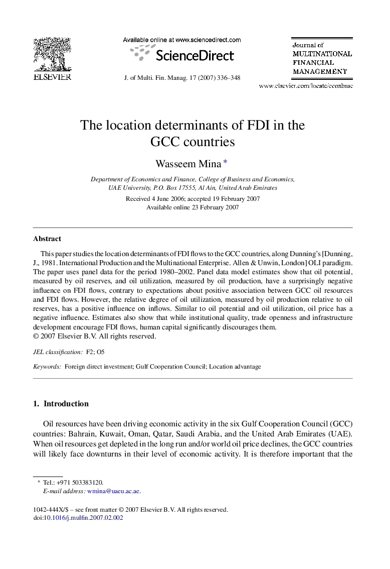 The location determinants of FDI in the GCC countries
