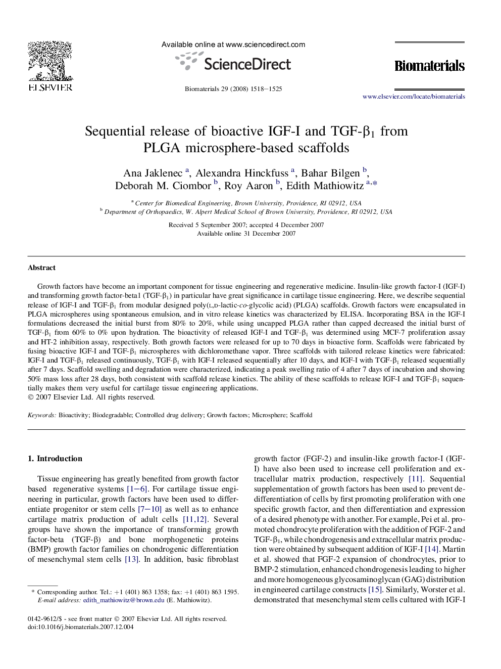 Sequential release of bioactive IGF-I and TGF-β1 from PLGA microsphere-based scaffolds