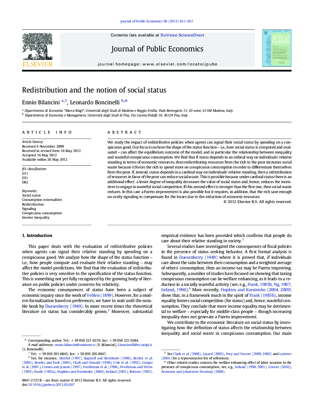 Redistribution and the notion of social status