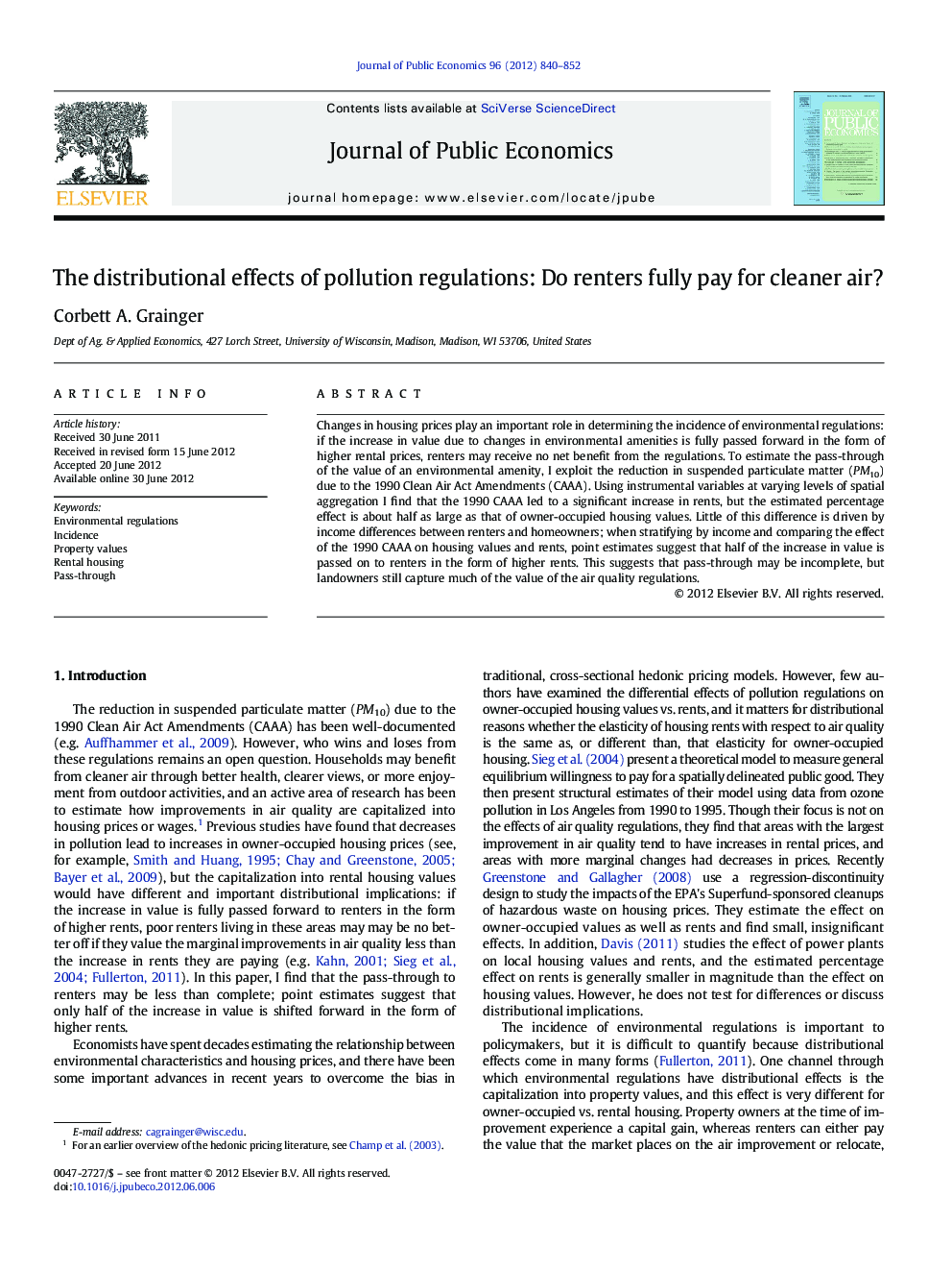 The distributional effects of pollution regulations: Do renters fully pay for cleaner air?