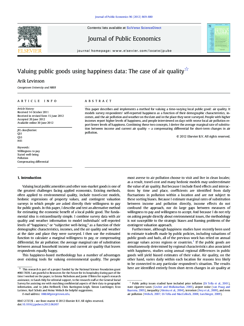 Valuing public goods using happiness data: The case of air quality 