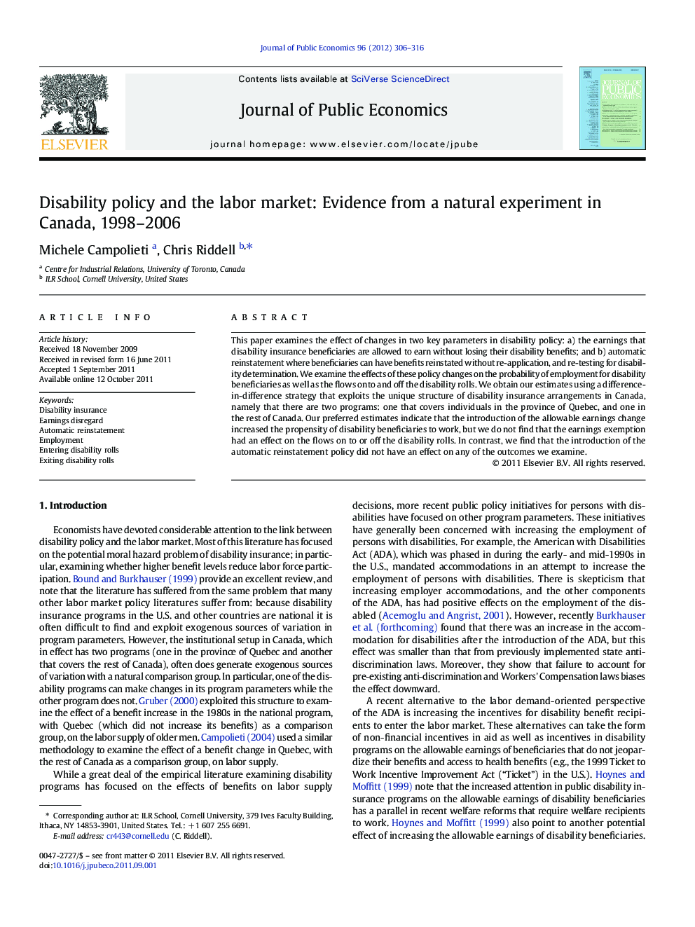 Disability policy and the labor market: Evidence from a natural experiment in Canada, 1998–2006