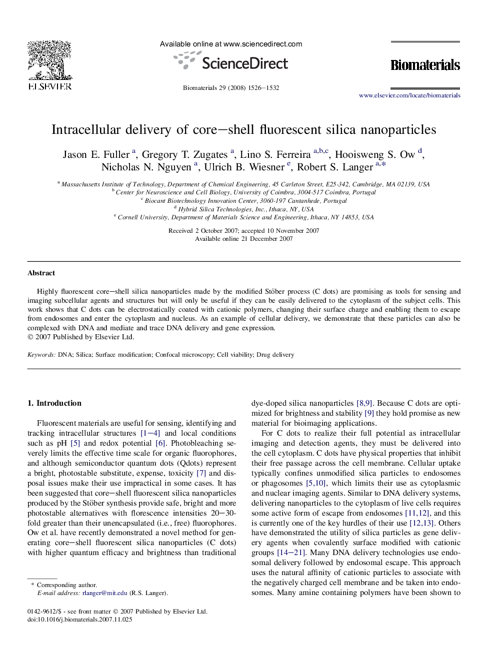 Intracellular delivery of core–shell fluorescent silica nanoparticles