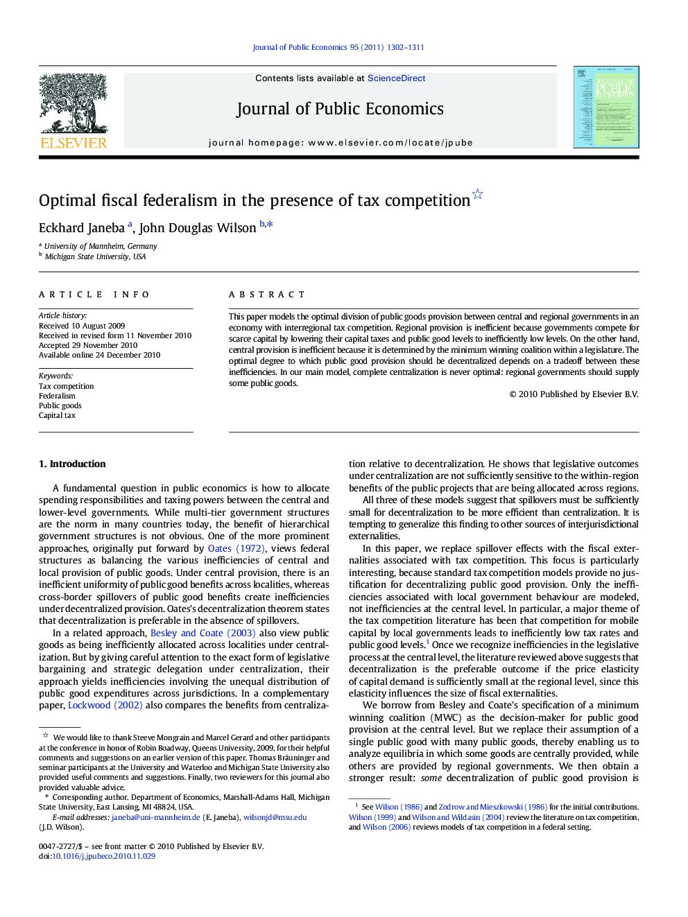 Optimal fiscal federalism in the presence of tax competition 