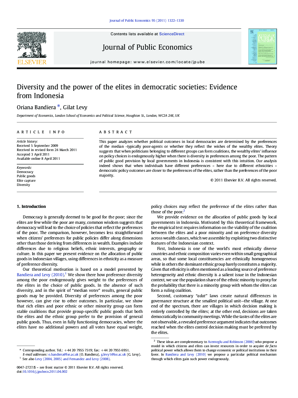 Diversity and the power of the elites in democratic societies: Evidence from Indonesia