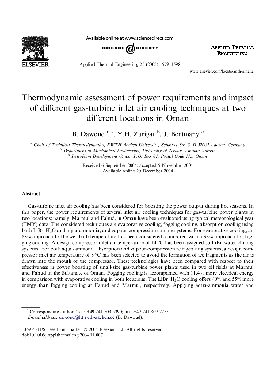 Thermodynamic assessment of power requirements and impact of different gas-turbine inlet air cooling techniques at two different locations in Oman