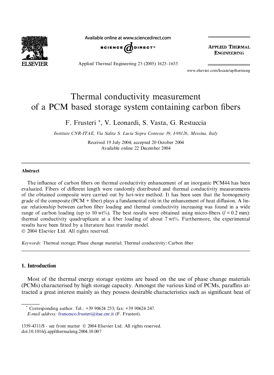 Thermal conductivity measurement of a PCM based storage system containing carbon fibers