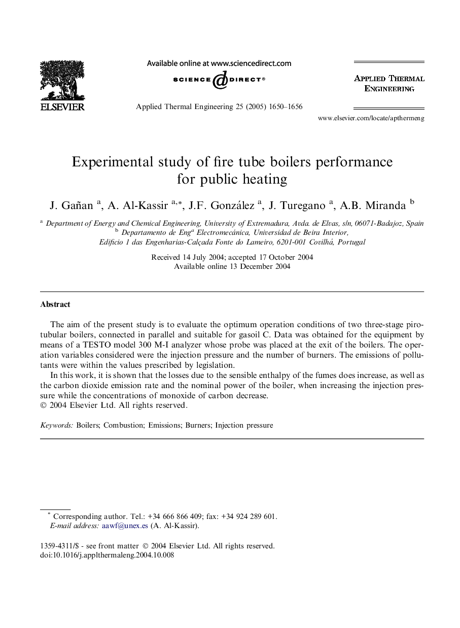 Experimental study of fire tube boilers performance for public heating