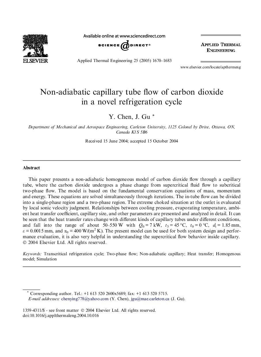 Non-adiabatic capillary tube flow of carbon dioxide in a novel refrigeration cycle