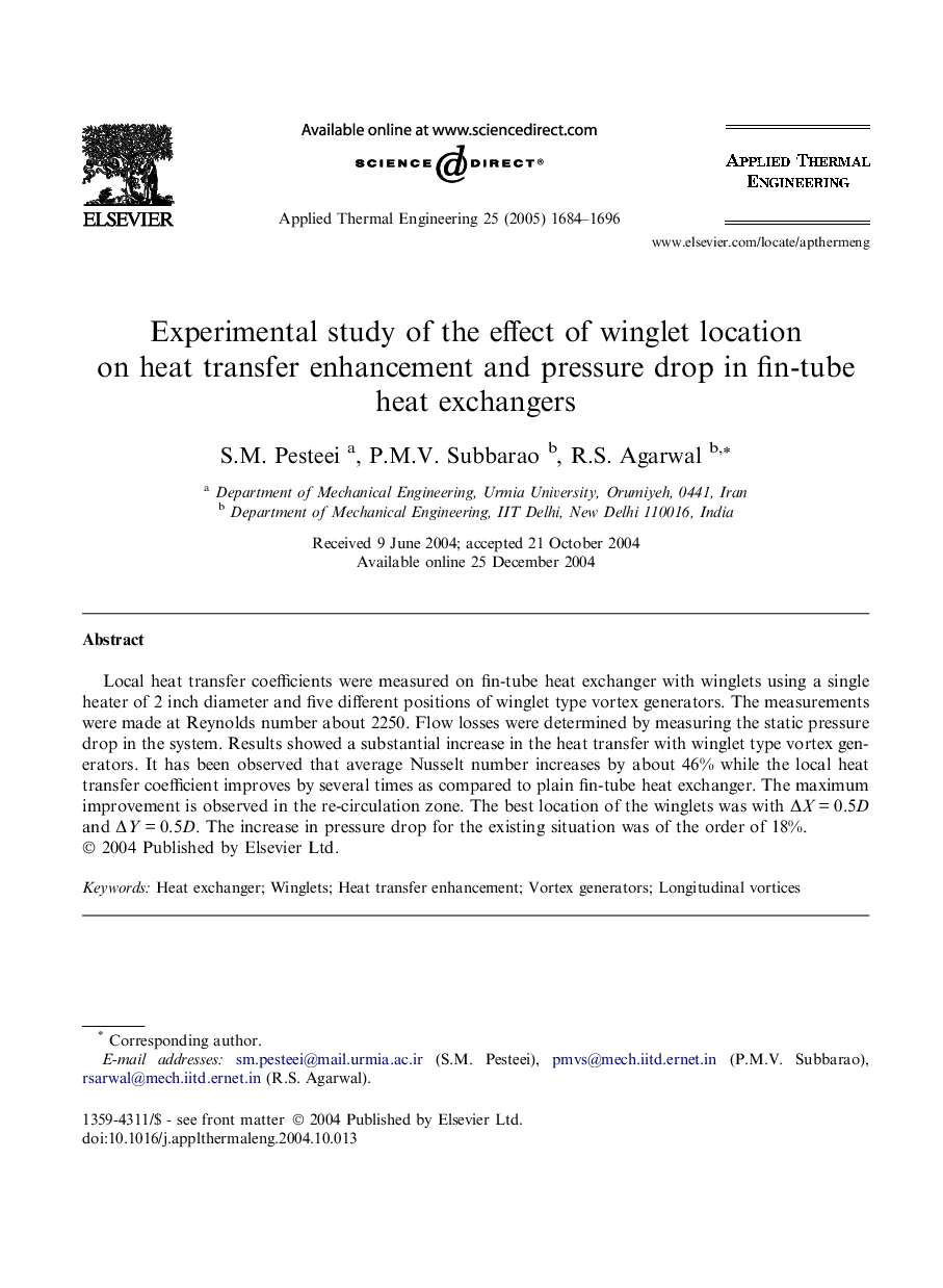 Experimental study of the effect of winglet location on heat transfer enhancement and pressure drop in fin-tube heat exchangers