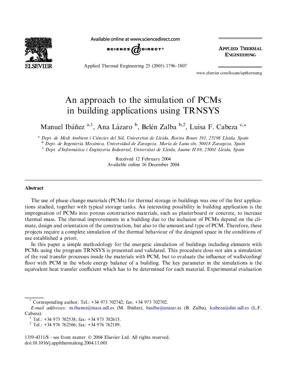 An approach to the simulation of PCMs in building applications using TRNSYS