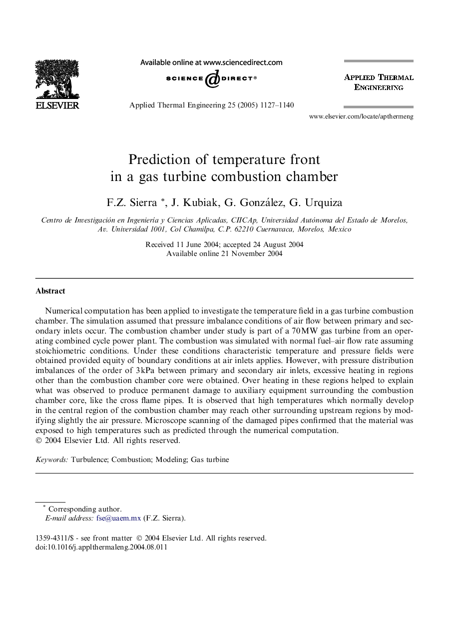 Prediction of temperature front in a gas turbine combustion chamber